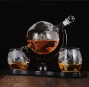 Whiskey Decanter Globe Set With 2 Etched Glasses NEW FAST SHIPPING