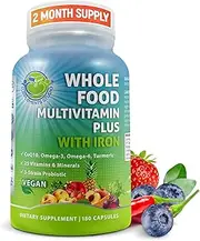 Whole Food Multivitamin Plus with Iron, Daily Vegan Multivitamin for Women and Men, Organic Fruits & Vegetables, B-Complex, Probiotics, Enzymes, CoQ10, Omegas, Turmeric, All Natural,Non-GMO,180 Count