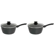2PK Stone Chef Aluminium Forged Non-Stick Saucepan w/ Glass Lid 20x9.5cm Grey