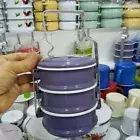 Enamel Lunch Box Food Container Pinto Tiffin 3 Stacks Enamelware Purple Vintage