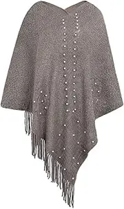 [HEYDHSDC] Korean Oversized Ponchos V Neck Pearl Beading Shawl Cloak Women Loose Tassel Sweater Coat