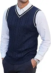 [Gsywaipei] Men's Winter Sleeveless Sweater Tank V Neck Fit Twisted Knitted Pullover Vest Classic Solid Color Knitted Waistcoat, Navy Blue, Large