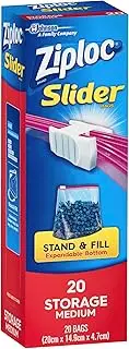 Ziploc Slider Storage Bags Medium with Smart Zip Plus Seal and Stand & Fill Expandable Bottom, BPA Free, Microwave Safe, 20-Pack
