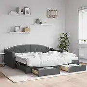 Upholstered Platform Bed Frame Queen with Trundle & Drawers, Solid Wood Daybed (Dark Grey, 90x190 cm, No Mattress) - Storage, Slats, Floor, Low, Wooden Beds