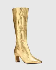 Lavish Gold Metallic Crinkle Leather Block Heel Long Boot