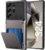 for Samsung Galaxy S24 Ultra Case with Card Holder[Store 5 Cards] Wallet Case, rojarou for S24 Ultra Case with Hidden Card Slot Heavy Dual Layer Shockproof Protective Phone Cover for S24 Ultra,Grey