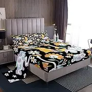 Psychedelic Floral Sheet Set for Groovy Flower Skull Print Sheets with Deep Pocket Fitted Sheet 60S 70S 80S Hippie Flowers Bohemian Black Bed Sheets Set Room Decor Bedding Set Queen Size