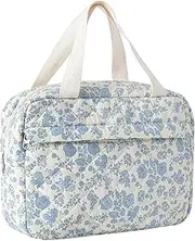Large Size Quilted Coquette Makeup Bag, Cute Preppy Floral Cotton Travel Cosmetic Organizer Bag with Top Handle, Multi-Layer Travel Toiletry Pouch for Girls, 01Lightblue Flower