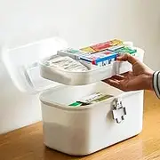 2 Layers Plastic First Aid Box with Portable Handle,Emergency Medicine Kit Case Organizer for Family,Empty Medicine Box for Home Large Capacity Medicine Storage Bins with Lid（15 * 18 * 26cm）