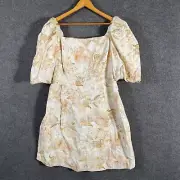 City Chic Dress Womens L Plus White Yellow A Line Linen Lucrene Flowers Puff NEW