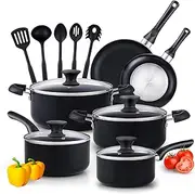 [Cook N Home] 15 Piece Non Stick Black Soft Handle Cookware Set