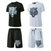 Mens Cotton 2 Pcs T Shirt + Polyester Shorts Set TIGER PRINT Summer Tracsuit Set