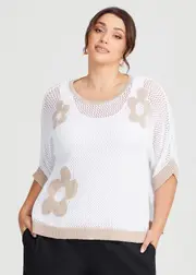 [TS] Taking Shape Daisy Cotton Knit Over Top Size 18-20 in White / Champagne - Plus Size Women's Clothing White / Champagne
