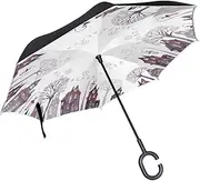 Double Layer Inverted Umbrella Cars Reverse Umbrella Fairytale House Tree Watercolor Windproof UV Proof Travel Outdoor Umbrella