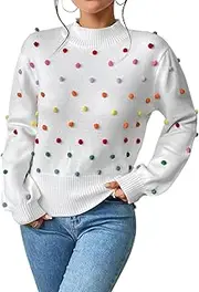 [CXINS] Women's 2023 Mock Neck Lantern Sleeve Rainbow Colorful Pom Pom Sweater Pullover Elegant Knit Jumper Top