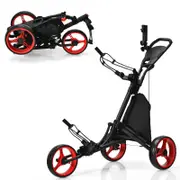 Costway Foldable Golf Buggy Trolley 3 Wheels Golf Club Push Cart Adjustable Red