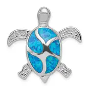 Sterling Silver Rhodium-Plated Blue Inlay Created Opal Turtle Pendant
