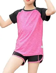 [Echinodon] Girls' Sports Set Shirt + Shorts Quick-Drying Suit for Yoga Jogging Training, pink, 152-158