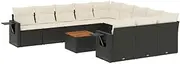 vidaXL 12-Piece Modular Garden Sofa Set - Black Poly Rattan Patio Lounge with Cushions and Acacia Wood Table