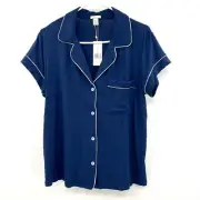 NWT Eberjey Gisele Navy Blue Button Front Short Sleeve PJ Top Women's Large