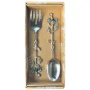 Mackenzie Childs Blueberry Royal Check Jeweled Salad Serving Set Fork Spoon 2 Pc
