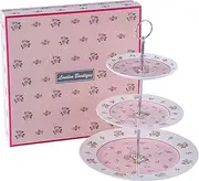 2 Tier Cake Plate Stand Porcelain Vintage Victoria Flower Floral Rose in Gift Box (Pink)