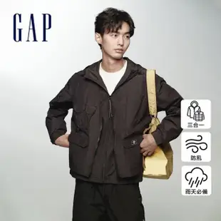 【GAP】男裝 Logo防風防雨三合一工裝連帽外套-黑色(876978)