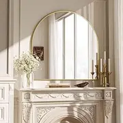 VooBang Arched Wall Mirror, 31 x 32 inch Arch Bathroom Mirror, Wall Mounted Vanity Mirror with Arch Metal Frame, Modern Bathroom Vanity Mirror for Bedroom, Living Room, Hanging or Leaning, Gold