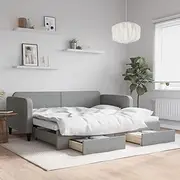 Light Grey Daybed with Trundle & Drawers, No Mattress, 90x190 cm – Wood & Metal Frame, Upholstered Sofa Bed with Storage, Pull-Out Trundle, Modern Bedroom Furniture for Space Saving