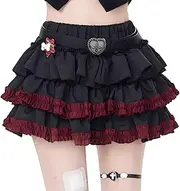 [RILGOU] Kawaii Goth Lolita Vintage Casual Elastic Waist Color Blocking Red Lace Trim Pleated Tiered Skirts for Women