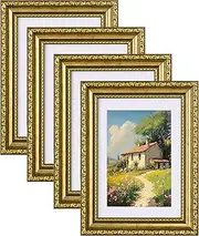 [eletecpro] 5x7 Picture Frames Set of 4, Vintage Gold Photo Frames with Glass, Displays 4x6 Photo with Mat or 5x7 without Mat for Tabletop or Wall Decor, Gold
