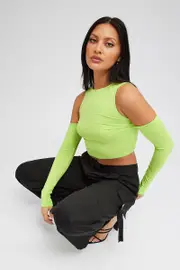 Green Top Long Sleeve Mock Neck Cold Shoulder Jersey - Size XS, Women's Top