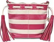 [RADLEY] London Womens Drawstring Leather Crossbody Shoulder Bag Berry Nice Stripe in Dove Grey and Fuchsia Pink, Pink, M
