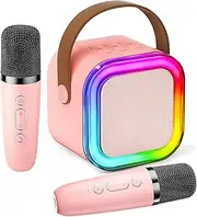 Mini Karaoke Machine for Kids, Birthday Gifts Toys for Girls Boys Friends Age 3-12+, Portable Bluetooth Speaker with 2 Wireless Mics, Karafun Premium Songs Family Home Party (Pink)