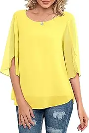 [Neineiwu] Womens Casual Scoop Neck Loose Top 3/4 Sleeve Chiffon Blouse Shirt Tops