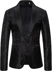 [Aosufei] Men's Blazer Stylish Print Floral Suit Jacket Lightweight Wedding Tuxedo Jacket Lapel One Button Suit Coat, Black4, Medium