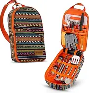Camp Kitchen Utensil Organizer Travel Set - Portable 8 Piece BBQ Camping Cookware Utensils Travel Kit with Water Resistant Case|Cutting Board|Rice Paddle|Tongs|Scissors|Knife and Bottle Opener