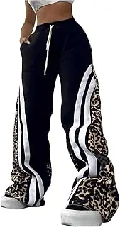 [DSAoTeng] Women Leopard Print Striped Wide Leg Drawstring Waist Pants-with Pockets Casual Elastic Loose High Waist Trousers Y2K Streetwear