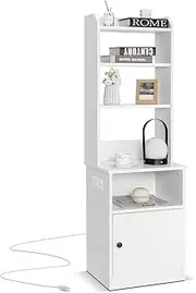 Costway Tall Nightstand w/Built-in Charging Station, Bedside Tables Night Stands w/Shelf & Cabinet, Home Organizer Multifunctional Storage Cabinet w/Adjustable Shelf for Bedroom Living Room/Study