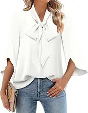 [DB MOON] Womens 2025 Chiffon Blouses 3/4 Sleeve Shirts Tie Neck Bell Sleeve Dressy Tops