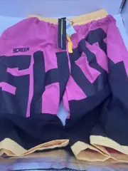 Screenshot Brand Men's XL 12" Swim Trunks Pink, Yellow and Black Elastic Waist