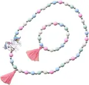 ibasenice 2pcs Boys and Girls Decorative Necklace and Bracelet Set Wooden Bead Unicorn Design Girls Beaded Accessory Kit for Birthday Parties