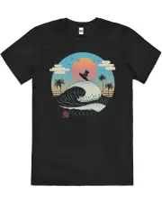 Wavy Summer Vibes Beach Retro Artsy Cotton T-Shirt Unisex Tee Black - Black
