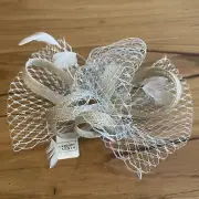 GREGORY LADNER Fascinator Silver Netting With Beige Twirls And White Feathers