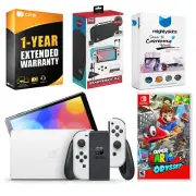 Nintendo Switch White OLED Console + Super Mario Odyssey + Accessory Gamer Kit