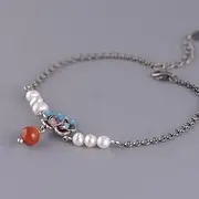 Chain Bracelets,Silver Bracelet,Fashion Bangle,Sterling Silver Bracelet for Women,Ladies 925 Sterling Silver Bracelet Vintage Blue Flower Bracelet Hand Carve Bracelet Ladies Silver Jewellery Gifts (C
