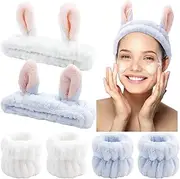 6 Pcs Face Wash Headbands and Wristbands Set, Two-colors Bunny Ears Headbands Spa Headband Makeup Headband Skincare Headbands with Wristbands for Women Girls Washing Face(Blue & White)