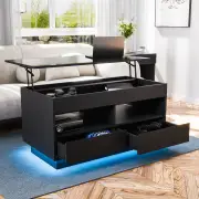 Versatile Lift Top Coffee Table with LED Lights High Gloss Surface Storage Compartment Drawers Adjustable Height P2 Grad