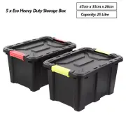 5 x 25L Heavy Duty Storage Box Black Crate Container Plastic Bins Organiser Tub