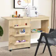 Costway2-In-1 Multifunctional Sewing Machine Cart Table with Lockable Casters-Beige